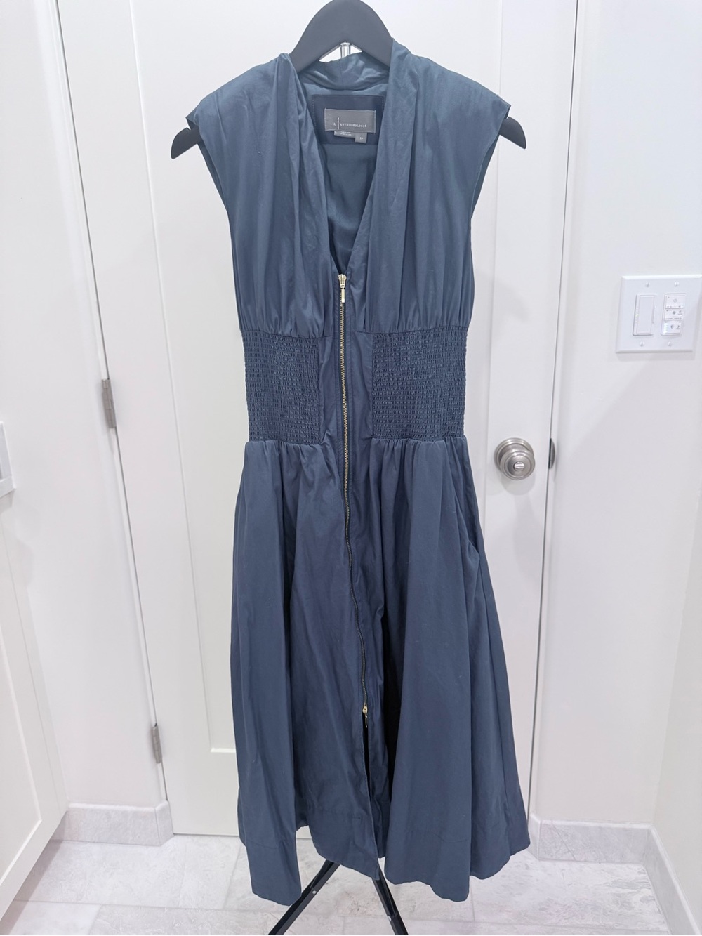 Anthropologie Navy Sleeveless Zip-Front Smocked-Waist Dress